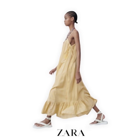 NWT Zara Long Embroidered Yellow Maxi Dress Size Medium - Picture 6 of 15